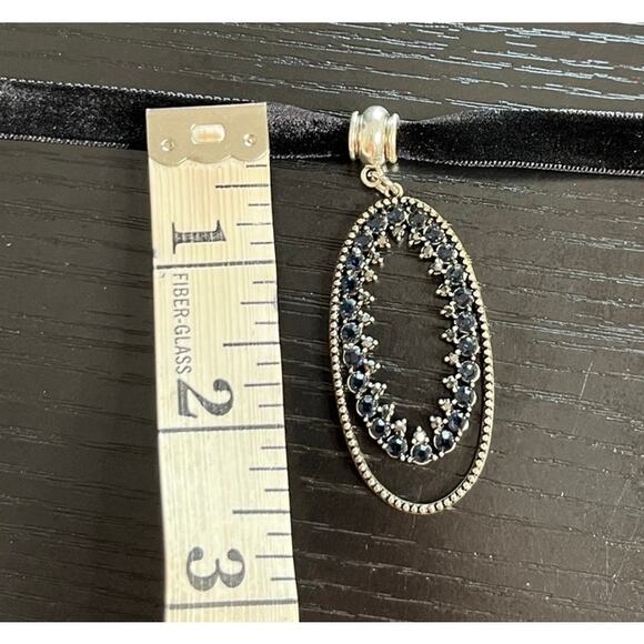 Handmade Black Velvet Choker with Upcycled Oval Faux Sapphire Studded Pendant - Picture 5 of 6